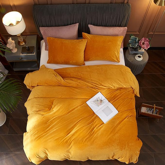 Ivellow Velvet Duvet Cover Set - Queen Size, Gold Velvet Comforter, 3 Pcs Ultra Soft, Breathable Solid Luxury Flannel Velour, Zipper Closure, Corner Tie