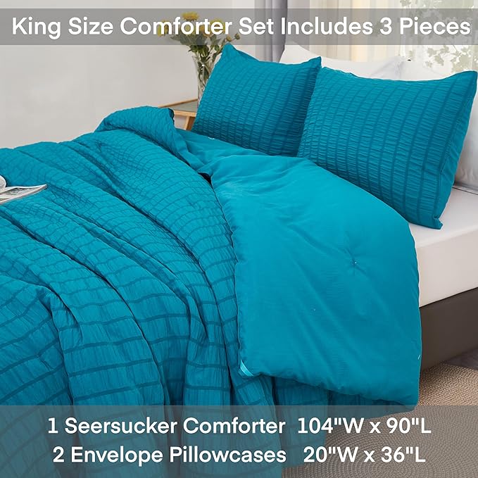 AveLom Teal Seersucker King Comforter Set (104x90 inches), 3 Pieces-100% Soft Washed Microfiber Lightweight Comforter with 2 Pillowcases, All Season Down Alternative Comforter Set for Bedding
