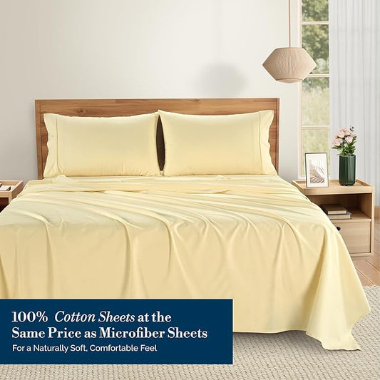 Casa Platino 100% Cotton Percale Sheet Twin XL – Crisp Twin XL Size Bed Sheets Cooling with 2 Pillowcases, Ultra Soft & Breathable for Great Nights Sleep, with 15" Deep Pocket Fitted Sheet – Beige