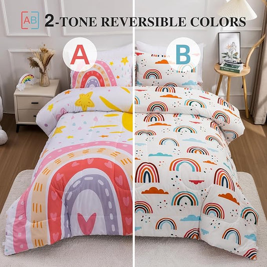 Btargot Lightweight Soft 3 Piece Rainbow Comforter Set with 2 Pillow Covers, Cartoon Love Hearts Flowers and Sun Star Bedding Set for Girls Boys Kids, Queen Pink