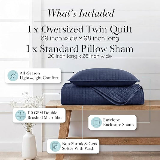 Southshore Fine Living, Inc. Oversized Twin Quilt Bedding Set, Microfiber Quilts, Summer Bedspread & Coverlet Sets, Pet Hair Resistant Bedding, Twin XL Quilt Set with 1 Pillow Sham, Dark Blue Quilt