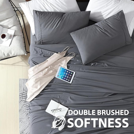 Cathay Home Essentials Ultra Soft Hypoallergenic Wrinkle Resistant Double Brushed Microfiber Bedding Sheet Set, Gray, Queen