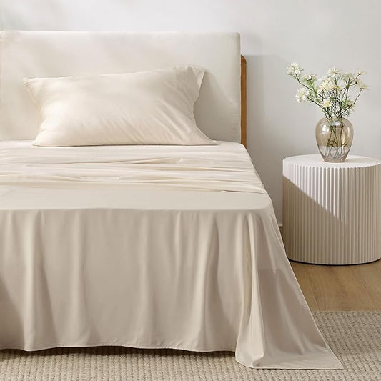 Bedsure Cooling Sheets Twin XL, Rayon Derived from Bamboo, PureWoven, Breathable & Soft Twin XL Sheet Sets, Deep Pocket Up to 16 Inches, Hotel Luxury Silky Dorm Bedding for Hot Sleepers, Light Beige