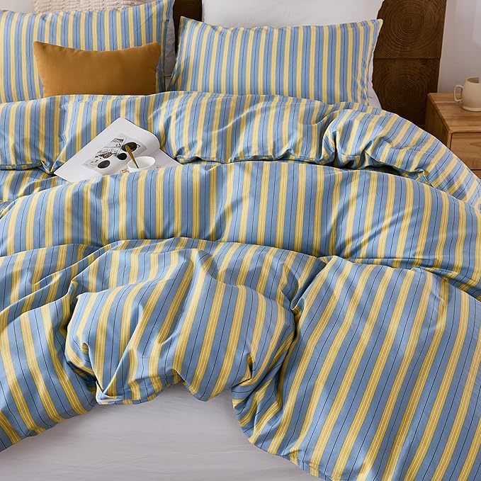 Merryword 100% Cotton Duvet Cover Set King Size, Blue & Yellow Striped Bedding Set with Zipper Closure and 8 Corner Ties, Modern Coastal Style Comforter Cover Set 3 Pieces