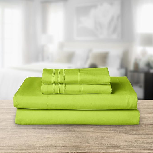 Elegant Comfort Luxurious 1500 Premium Hotel Quality Microfiber Three Line Embroidered Softest 4-Piece Bed Sheet Set, Wrinkle and Fade Resistant, Twin/Twin XL, Lime