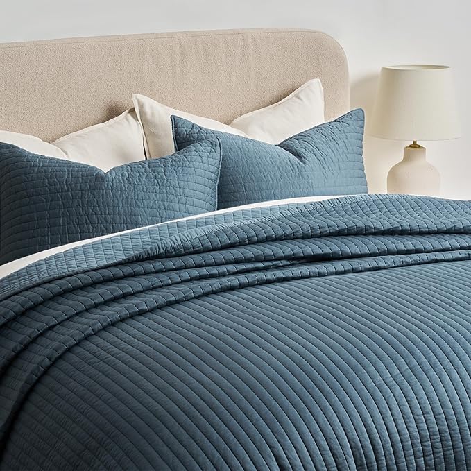 EVERGRACEHOME Cotton Sateen Quilt Set Queen Size, Pre-Washed Cotton Channel Stitch Coverlet Bedspread, 3 Pieces Lightweight Soft Bedding Sets for All Season, with 2 Pillow Shams, Sonoma Blue