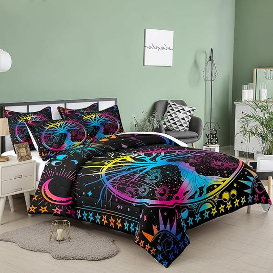 NINENINE Tree of Life Bedding Sets Queen Sun and Moon Comforter Set,Gothic Bohemian Comforter Set for Kids Boys Girls,Galaxy Stars Mandala Tribal Bed Set with 1 Comforter 2Pillowcasesโฆ