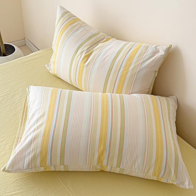 VM VOUGEMARKET Yellow Striped Duvet Cover Set Queen 100% Washed Cotton Bedding Set 3 Piece Colorful Pinstripes Comforter/Quilt Cover with Zipper Closure Corner Ties,Modern Cozy for Girls