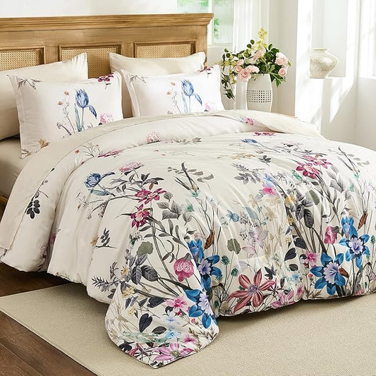 WONGS BEDDING Floral Comforter Set Queen, 7 Piece Beige Bed in a Bag Bedding Set with Botanical Flowers Patterns, Soft Lightweight Complete Comforters with Sheets for All Season