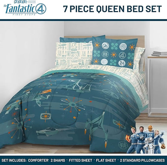 Jay Franco Comforter Set Includes Sheets and Pillow Covers - Soft and Cozy Bed Set for Stylish Room Decor, Blue - The Fantastic Four, 7 Piece Queen Size Bedding