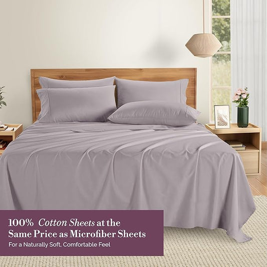 Casa Platino 100% Cotton Queen Size Sheets – Crisp Percale Sheets Queen with 4 Pillowcases, with 15" Deep Pocket Sheet for Secure Fit, Ultra Soft & Cozy, Excellent Quality & Fit – Grey Lavender