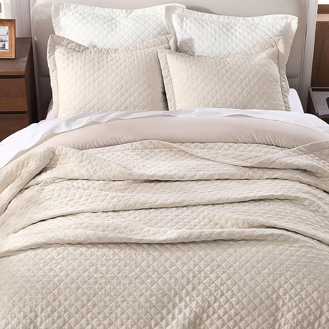 Grassix Linen Quilt Set King Size 3-Piece, 100% Linen Front & Cotton Back, Prewashed Diamond Stitch Bedspread with 2 Shams, Lightweight Breathable Quilt for Hot Sleepers, Modern Farmhouse Bedding