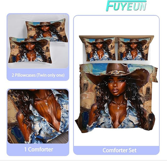 Black Girls Comforter Set Full: Western Bedding Set for Cowboys Women Girls African American Bed Bedroom Dorm Fashion Quilt 1 Comforter + 2 Pillow Cases
