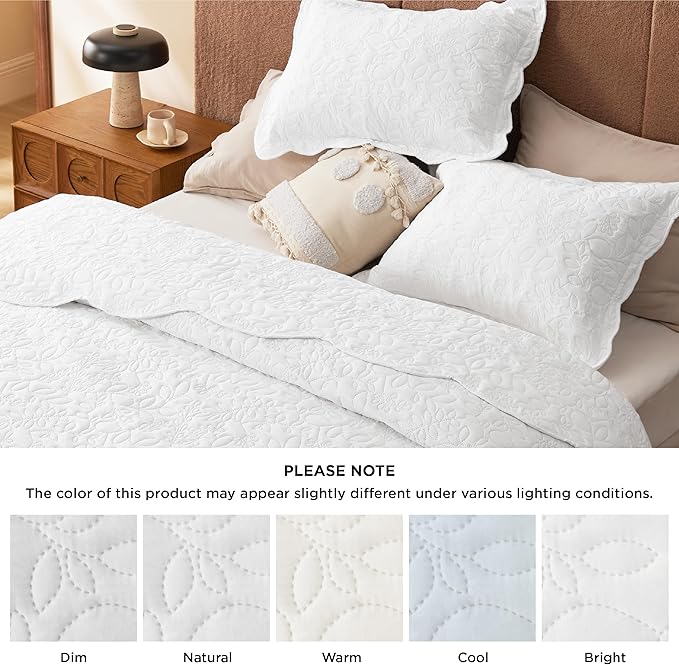 Bedsure Quilts Queen Size - Ultra Soft Pre-Washed Cloud-Like Bedding, All-Season Lightweight Comforter for Country Bedroom, Leaf Design Coverlet in Pure White, 90 x 96 Inches | Stitch-Free Quilting, Ultra Soft, Lightweight, Machine Washable, Pet-Friendly
