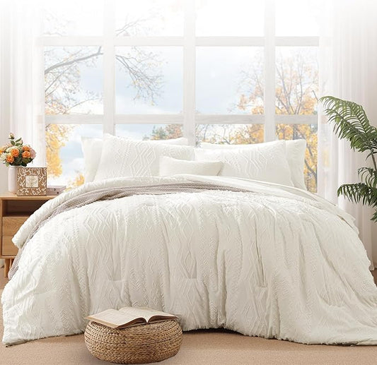 WRENSONGE Full Size Comforter Set with Sheets - 7 Pieces White Tufted Bed in a Bag Full Shabby Chic Bedding Sets with 1 Comforter, 2 Sheets, 2 Pillowcases & 2 Shams