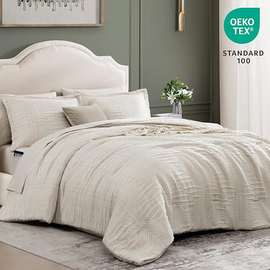 MaiRêve King Comforter Set Beige, Crinkle Textured Design Boho Bedding Set 7 Pieces Bed in A Bag, All Season Geometric Comforter Set with Sheets, Pillowcases & Shams