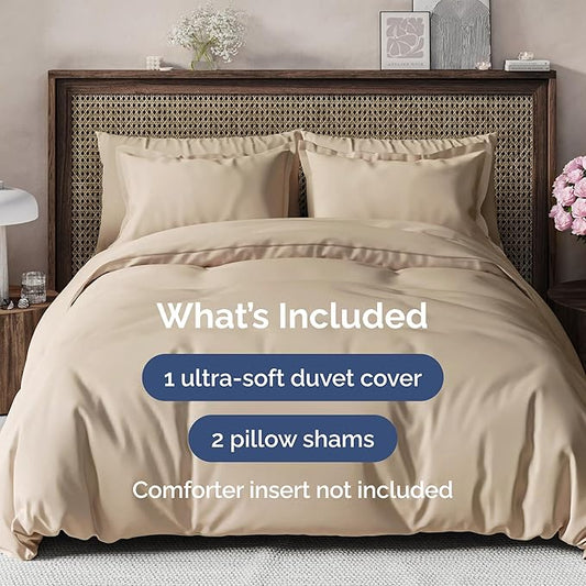 Duvet Cover Queen Size Set - Extra Soft Queen Duvet Cover 90" x 90" with 2 Pillow Shams - Hotel Luxury, Easy Care and Fade Free w/ Zipper Closures & Ties - All Season, Comfy, Cozy & Breathable (Cream)