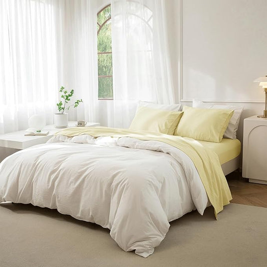 JIYUAN California King Size Sheet Set, 4-Piece - 100% Washed Cotton, Linen-Like Soft & Breathable, Includes Deep Pocket Fitted & Flat Sheet with 2 Pillowcases, Hotel Quality, Solid Light Yellow