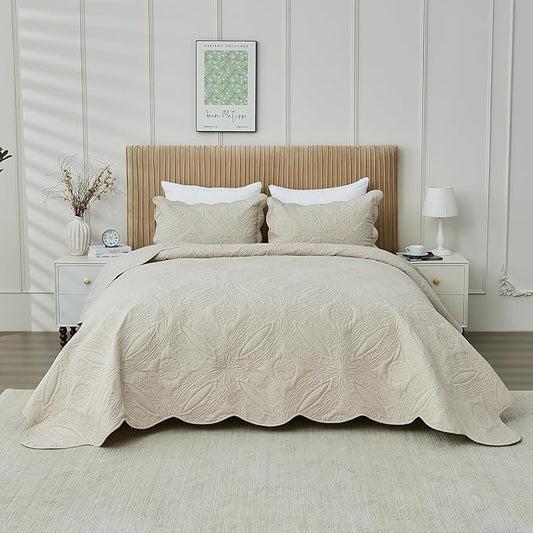 Kingnex Oversized King Bedspreads 128x120 for Extra Wide Tall King or Cal King Bed Ultrasonic Quilted Coverlet Set 3 Piece Include 1 Quilt 2 Pillowcases Beige