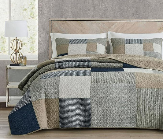 Chezmoi Collection Addy 2-Piece Navy Blue White Gray Taupe Plaid Patchwork Quilt Set - Pre-Washed Cotton Coverlet - Lightweight Reversible Bedspread, Twin Size