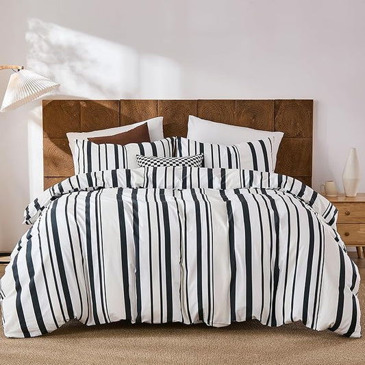 Merryword Black and White Striped Duvet Cover Set King Size - 100% Cotton Duvet Cover Set with Vertical Stripe Design, Soft Breathable Comforter Cover for All Seasons
