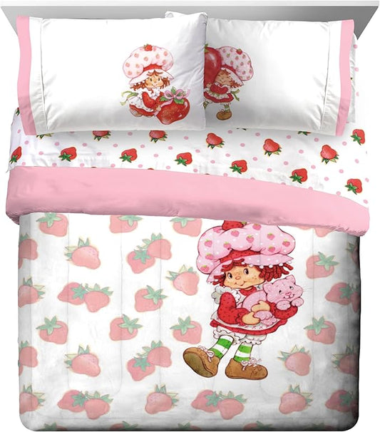 Jay Franco Strawberry Shortcake Queen Comforter Set - 7 Piece Bedding Includes Sheet Set & Pillow Covers - Super Soft Pink & White Kids Bedding