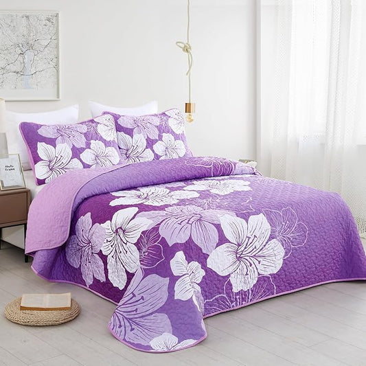 DJY Purple Floral Queen Quilt Set 3 Pieces Botanical Pattern Bedspread Summer Gradient Bedding Quilt Set with 2 Pillow Shams Soft Boho Microfiber Coverlet Set for All Season 90''x96''