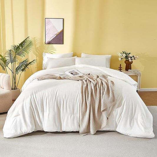 King Comforter Set - White Waffle Checkered Bedding, All-Season Lightweight Breathable Textured Thermal-Regulating Design, Pillowcases Combo for Year-Round Comfort