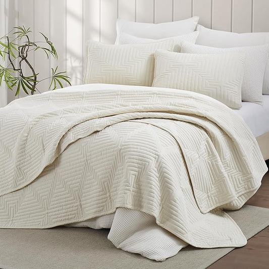 Oli Anderson King Quilt Set, Beige Lightweight Soft Bedspread Coverlet, Basket Weave Pattern Bedding, 3PCS Modern Geometric Stitching Textured Comforter Sets (1 Quilt and 2 Pillow Shams)