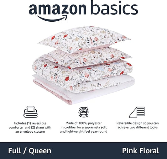 Amazon Basics Full/Queen Size Ultra-Soft Lightweight Microfiber Reversible 3-Piece Bedding Comforter Set, Pink Floral, Washable