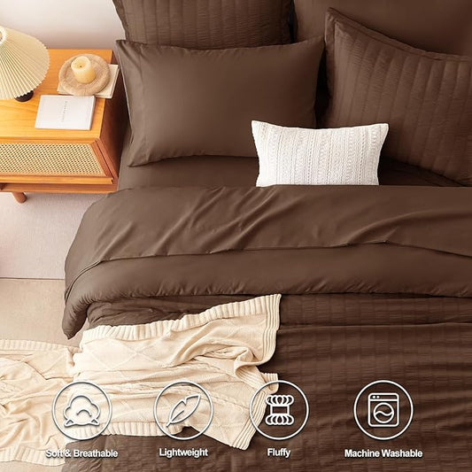 CozyLux Queen Comforter Set Brown Seersucker 7 Pieces Bed in a Bag Queen Comforter Set with Sheets, Luxury Soft Bedding Sets with Down Alternative Comforter, Sheets, Pillowcases & Shams for All Season