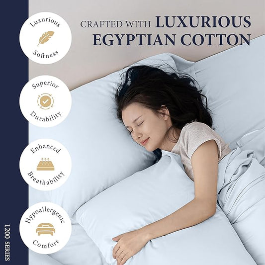 Ashton Sheets 100% Egyptian Cotton King Size Sheets Set - Luxury 1200 Thread Count Egyptian Cotton Sheets King Size, 17" Deep Pocket, Soft, Cooling Sateen Weave Hotel Quality Bedding Set - Light Blue