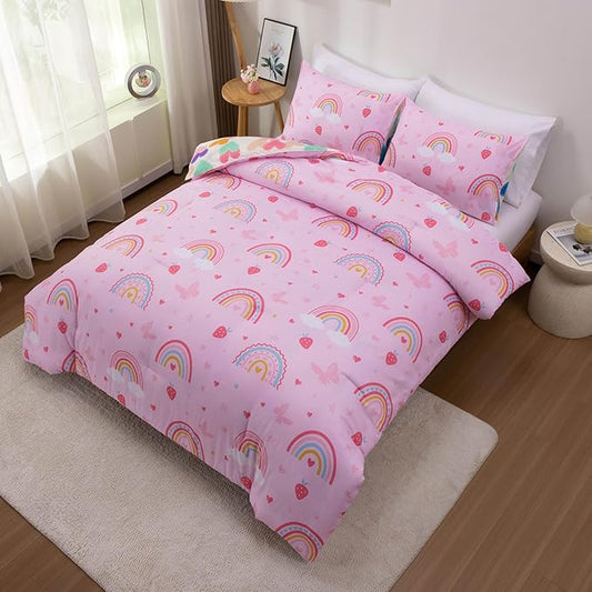 Btargot Lightweight Soft 3 Piece Rainbow Comforter Set with 2 Pillow Covers, Cartoon Butterfly Leaves Flowers Bedding Set for Girls Boys Kids, Twin Pink