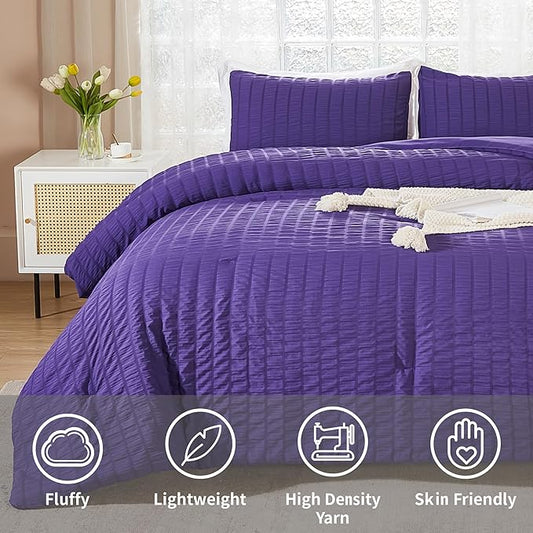 AveLom Dark Purple Seersucker Queen Comforter Set (90x90 inches), 3 Pieces-100% Soft Washed Microfiber Lightweight Comforter with 2 Pillowcases, All Season Down Alternative Comforter Set for Bedding