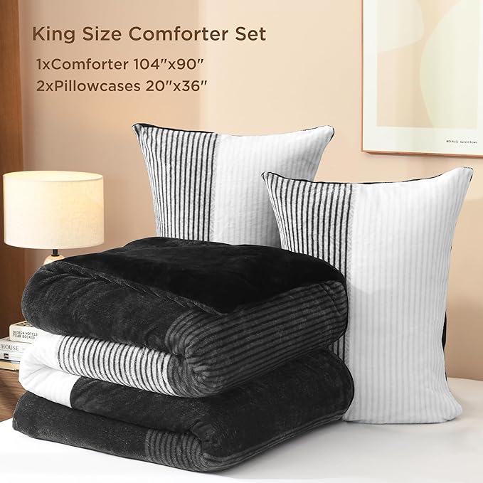 Litanika Fluffy Fleece King Size Comforter Set, Luxury Soft Plush Fuzzy Black & White Stripe Bedding Comforter Sets, Warm Shaggy Faux Fur Bed Set All Season (1 Comforter, 2 Pillowcases)