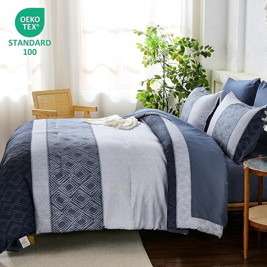Dinjoy Boho Queen Comforter Set Mineral Blue,7 Piece Bed in a Bag Queen Size Warm Striped Fall Bedding Sets with Plaid Comforters with Sheets for Family All Season