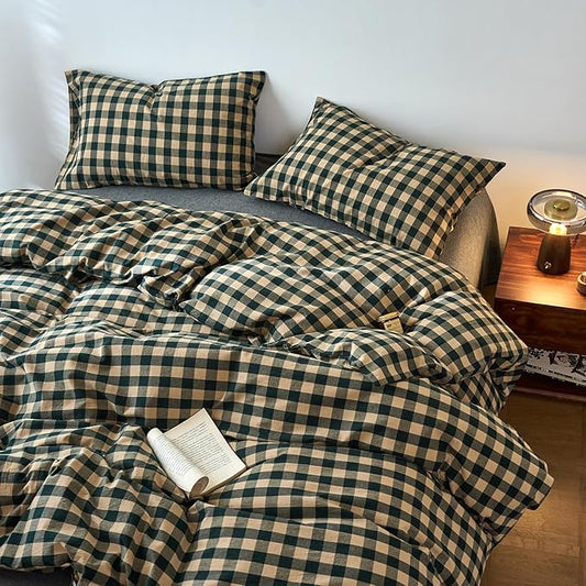 EAVD Vintage Style Beige&Green Plaid Duvet Cover Set Twin 100% Washed Cotton Like Linen Feel Soft Grid Checkered Bedding Set with 2 Pillowcases Farmhouse Geometric Pattern Duvet Cover with Zipper