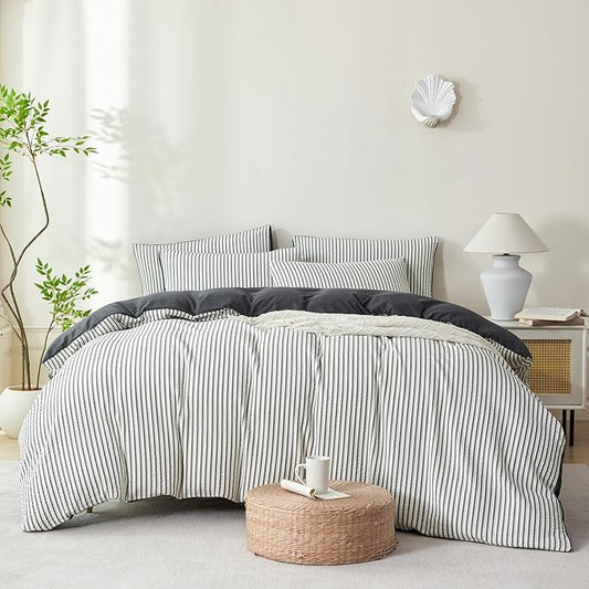 Dark Grey Comforter Set Queen Striped Washed Microfiber 3 Pieces Jacquard Bedding, White & Grey Vertical Ticking Stripes Comforter with 2 Pillowcases, Luxury Soft Breathable Durable Comfy