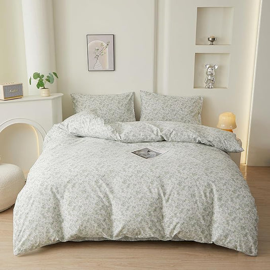 VM VOUGEMARKET Twin Duvet Cover Set with Green Flower Pattern,Pure Cotton Bedding Set Vintage Floral Prints Comforter Cover Conquette Cottagecore Bedding for Teen Girls