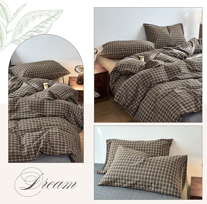 EAVD Vintage Style Dark Grey Gingham Plaid Duvet Cover Full 100% Washed Cotton Like Linen Feel Soft 3-Piece Grid Plaid Bedding Set with 2 Pillowcases Reversible Geometric Duvet Cover with Zipper