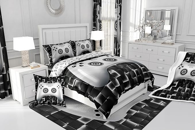 Erosebridal Kids Gaming Bedding Sets for Boys Queen Black White Gamer Comforter Set Geometric Checkered Game Console Bedding Set for Teen Youth Men 3D Video Game Gamepad Quilt Duvet 3 Piece
