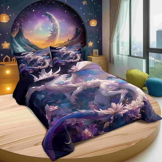 Dragon Boys Girls Comforter Set,Watercolor Flowers Duvet Set for Room Decor,Dreamy Cartoon Animals Brushed Microfiber Soft Quilt Cover,Full