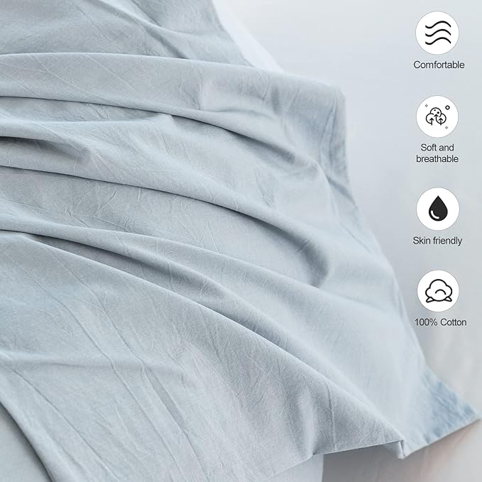 MooMee Bedding Pillowcases Pack of 2 100% Washed Cotton Linen Like Textured Breathable Durable Soft Comfy (Heathered Cornflower Blue, Queen)