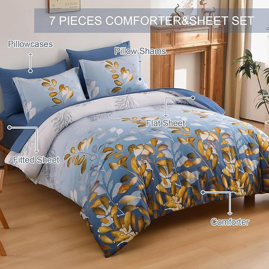 Anibedding Botanical Queen Comforter Set, 7 Piece Blue Gold Gradient Leaves Ultra Soft Microfiber Down Alternative Bedding Set with Sheets and Pillowcase for All Season