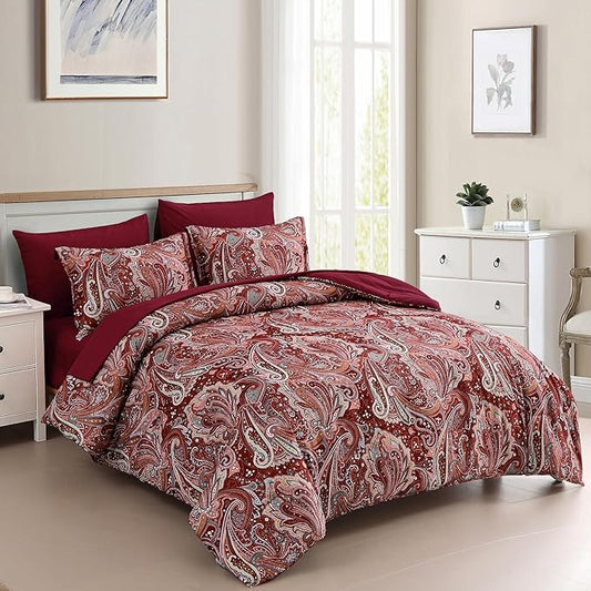 DJY Red Paisley Comforter Set California King Size, 7 Piece Bed in a Bag Boho Paisley Pattern Comforter Set, Soft Lightweight Microfiber Reversible Bedding Set for All Season (106''x96'')
