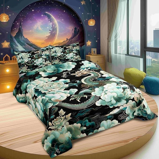 Castle Fairy Chinese Loong Bedding Set for Boys Girls,Dragon All Season Cozy Comforter Set Full Size,Propitious Cloud Peony Flower Duvet Set Bedroom Decor,Festival Gifts