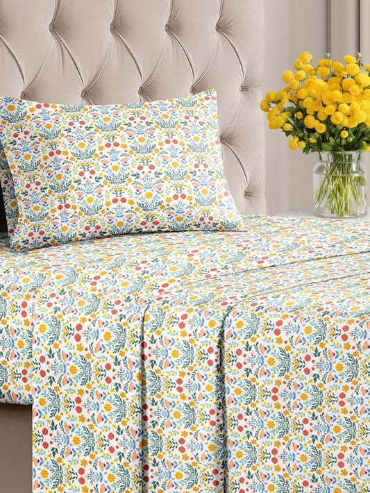 Floral Sheets - Flower Print Bed Sheet Set - 1 Flat, 1 Fitted & 1 Pillowcase w/ Deep Pockets - Comfy, Cozy, Wrinkle & Fade Free - Boho Botanical Bedding - Soft, Breathable & Cooling - Twin Size Set
