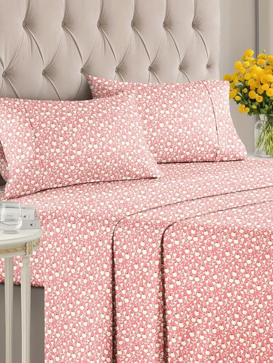 Floral Sheets - Pink & White Bed Sheet Set - 1 Flat, 1 Fitted & 2 Pillowcases w/ Deep Pockets - Comfy, Cozy, Wrinkle & Fade Free - Boho Botanical Bedding - Soft, Breathable & Cooling - King Size Set