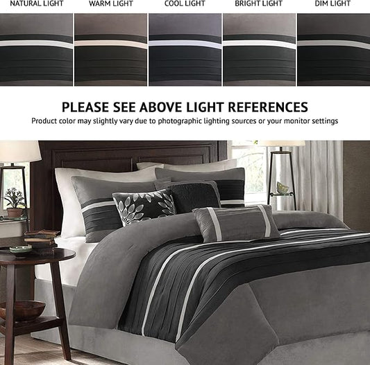 Madison Park Palmer Comforter Set - Faux Suede Design, Striped Accent, All Season Down Alternative Bedding, Matching Shams, Decorative Pillow, Bed Skirt, Full (82 in x 90 in), Black 7 Piece