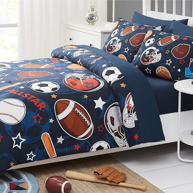 Full Kids Comforter Set - 7 Pieces Full Bedding Sets for Boys Teen, Glow in The Dark Sports Ball Games Bed in A Bag with Sheets